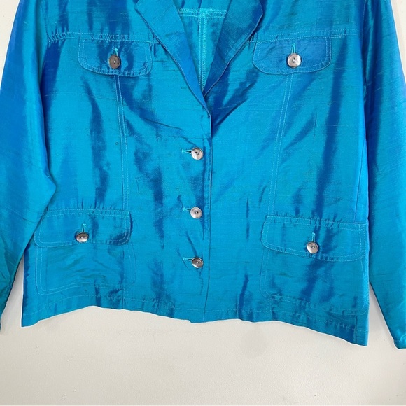 CHICO’S 100% Silk Shiny Teal Lightweight Button-Front Jacket Blazer, Large - Picture 3 of 12